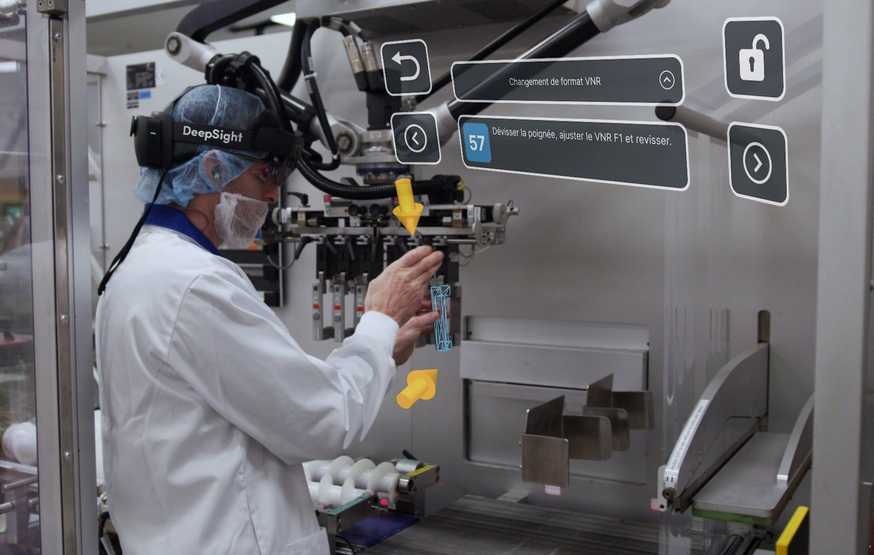 Monteur met een AR-bril volgt een werkinstructie aan een productiemachine
